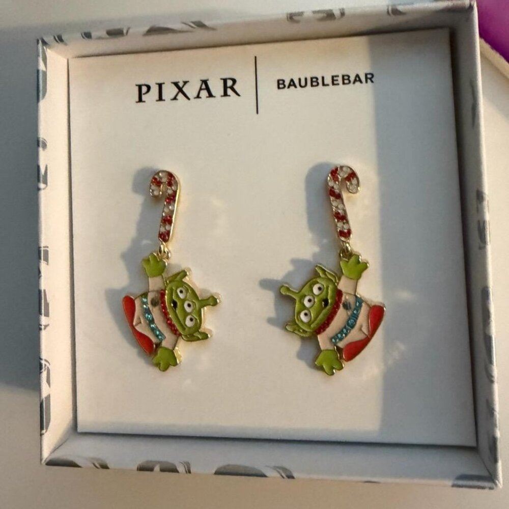 Pixar x BaubleBar Alien Candy Cane Earrings,